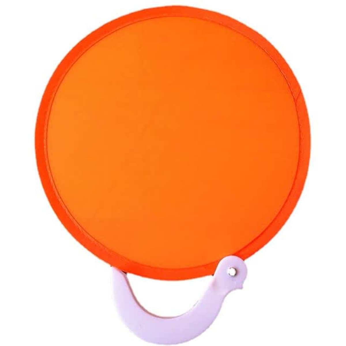 An orange foldable frisbee fan with a white handle, featuring a simple design and a logo.