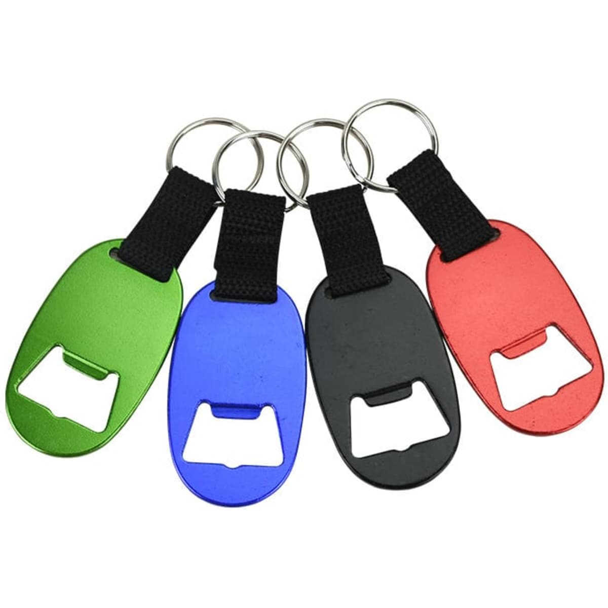 A drink bottle opener keychain set featuring green, blue, black, and red metal designs, each with a keyring attachment.