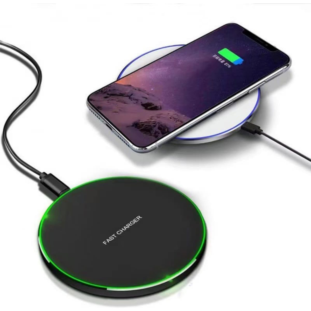 A black wireless charging pad with a green light, positioned next to a smartphone displaying a charging icon.