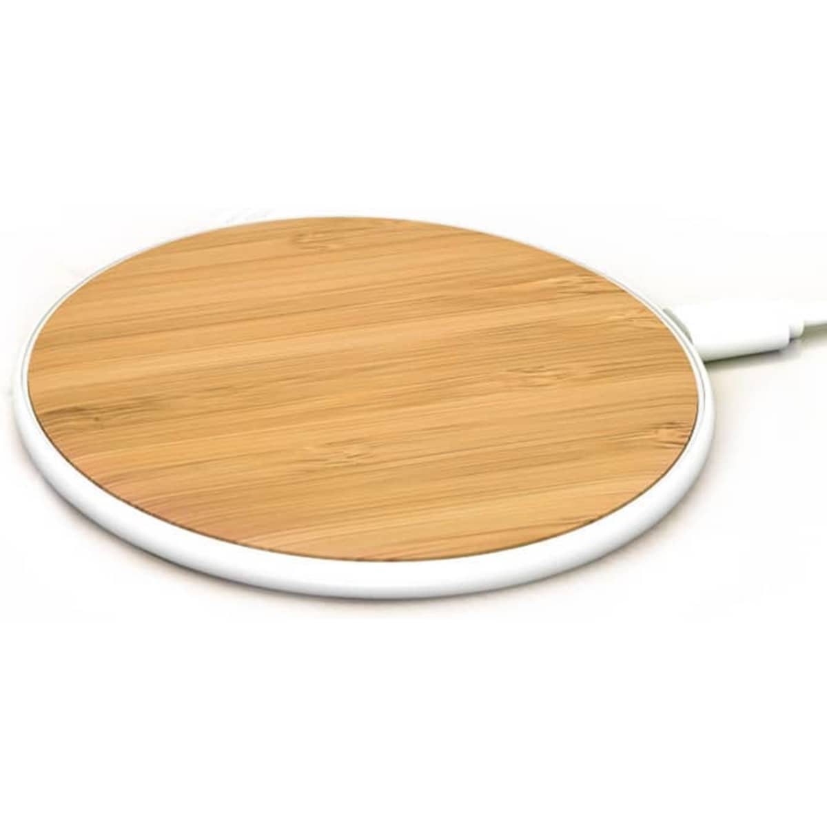 A round bamboo wireless charging pad with a white base, designed for phone charging.