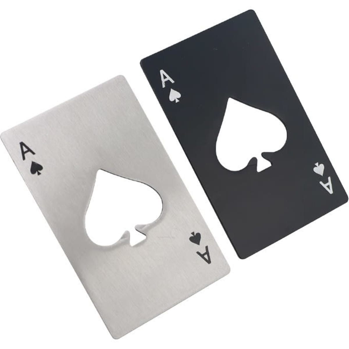 A stainless steel bottle opener shaped like a playing card, featuring a spade design in silver and black.