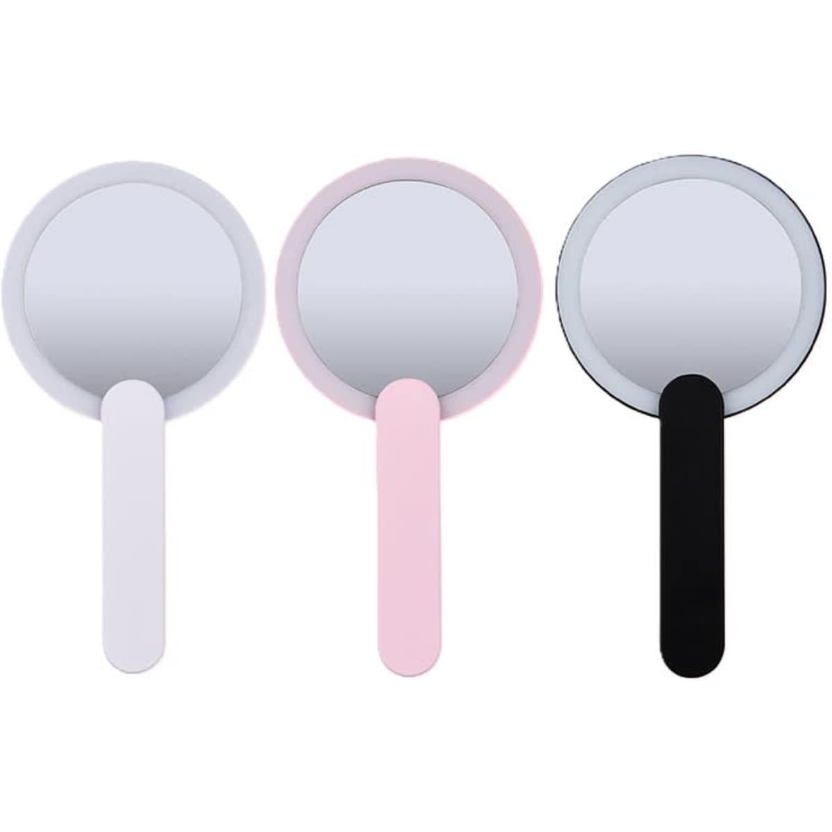 A set of three handheld mirrors in white, pink, and black, each with a round reflective surface and a handle.