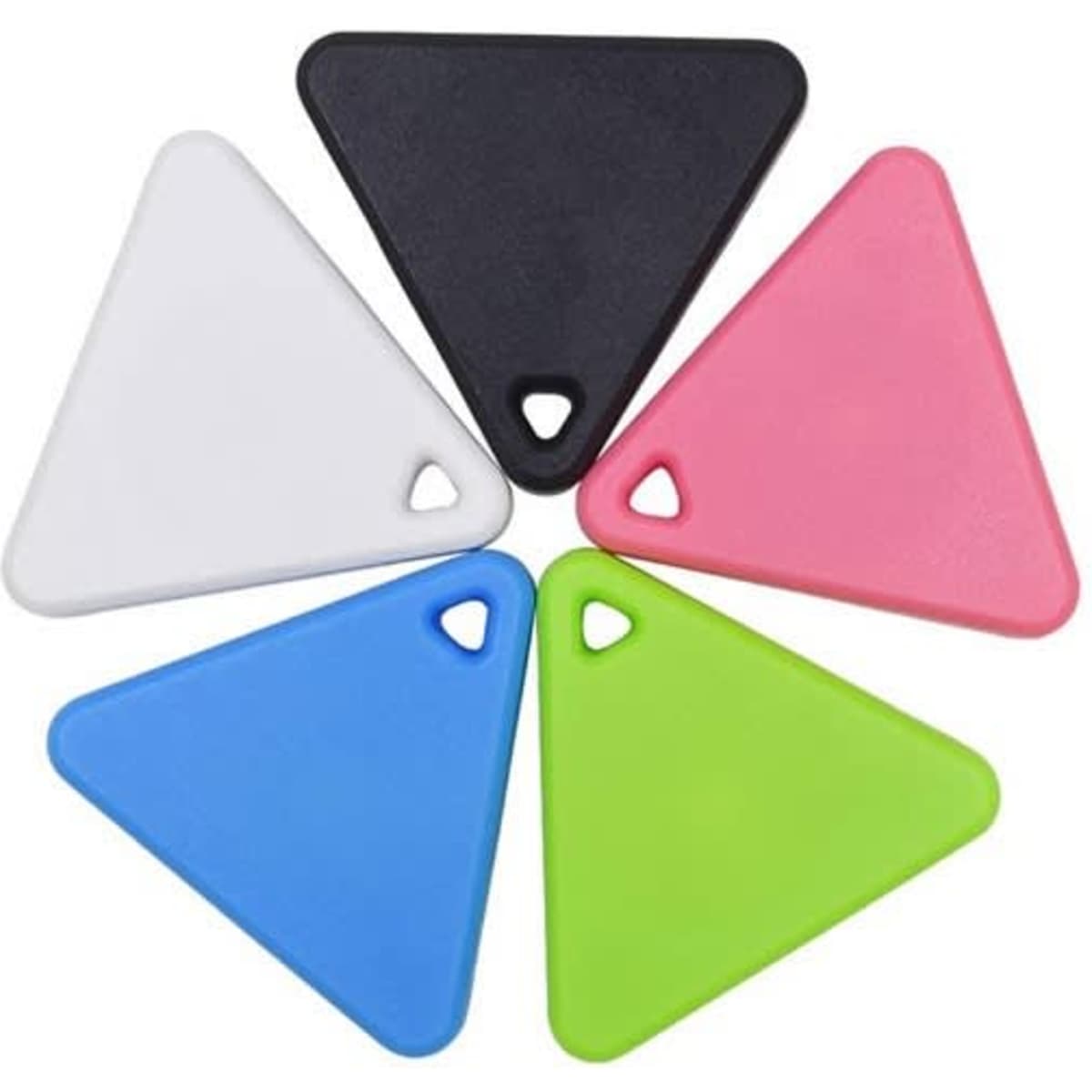A group of five triangular smart tags in black, white, pink, blue, and green. Each tag features a small hole for attachment.