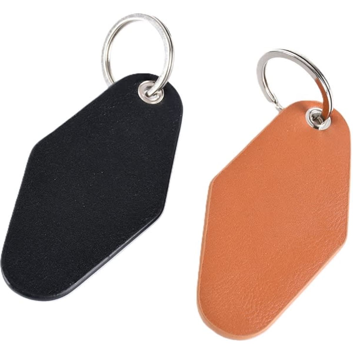 Leather keychains in black and tan, featuring a metal ring for attachment.