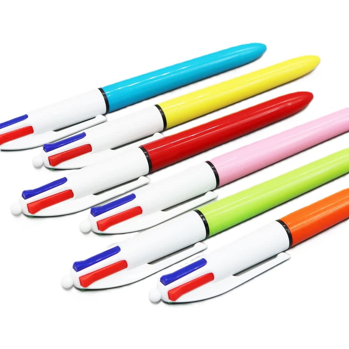 A set of four ballpoint pens in blue, yellow, red, pink, and green, featuring white barrels and colour accents.