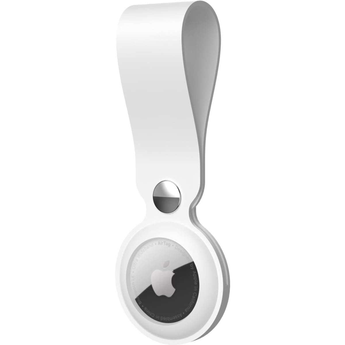 A white silicone protective case designed for an AirTag, featuring a smooth, rounded design with a loop attachment.