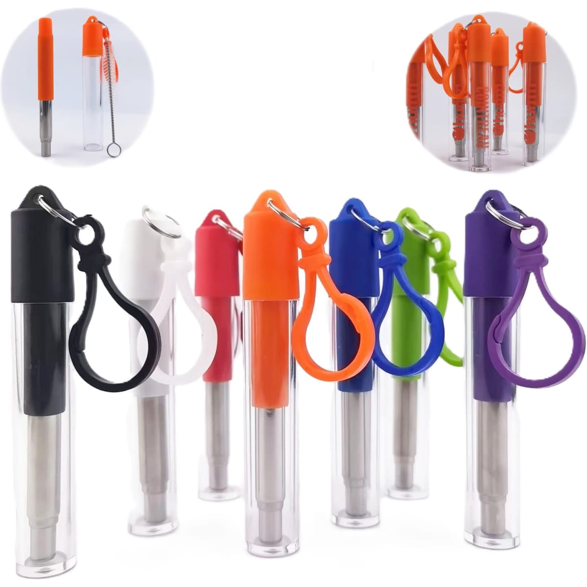 A set of retractable straws in various colours, each with a protective case and keychain attachment.