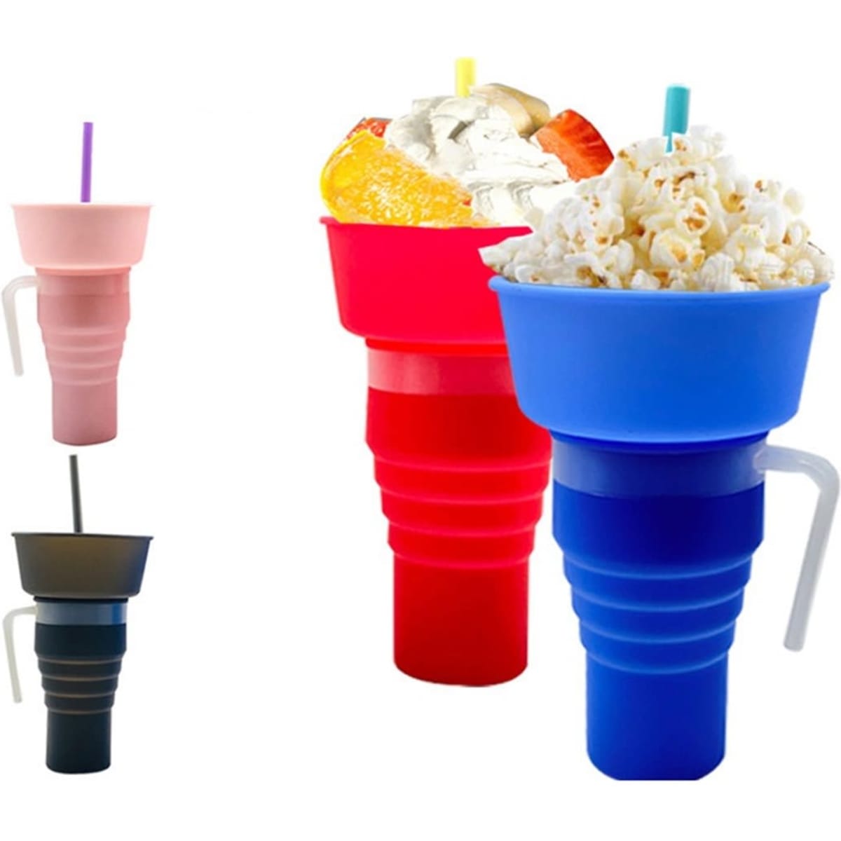 A drink bottle in various colours with a snack bowl on top and a straw, featuring a logo.