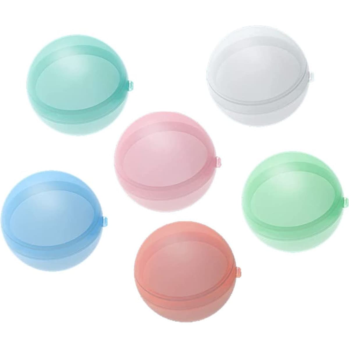 A collection of reusable self-sealing water balloons in green, blue, pink, and clear colours, featuring a logo.
