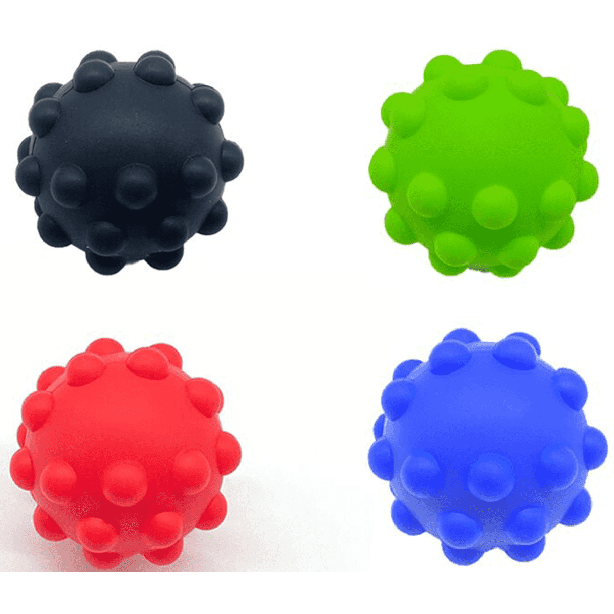 A collection of four bouncy balls in black, green, red, and blue, featuring a textured surface with bumps.