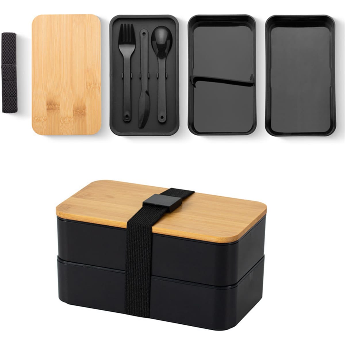 A black bento box with a bamboo lid and included utensils: fork, spoon, and a divider. It has a strap for closure.