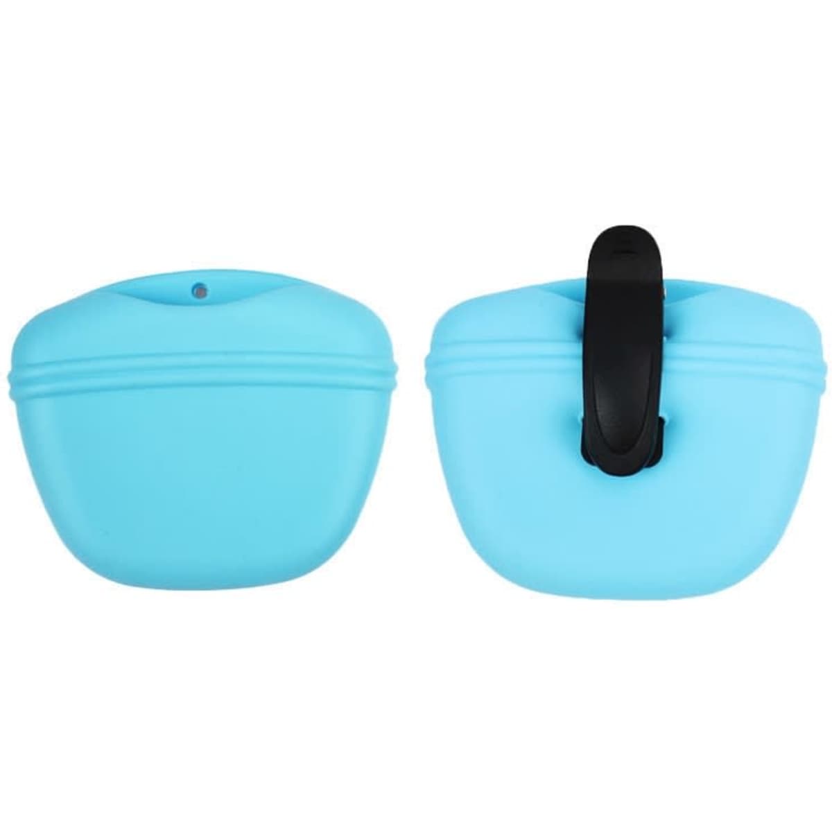 A silicone treat pouch for pets in blue, featuring a clip for attachment and a smooth design. Includes a branding logo.