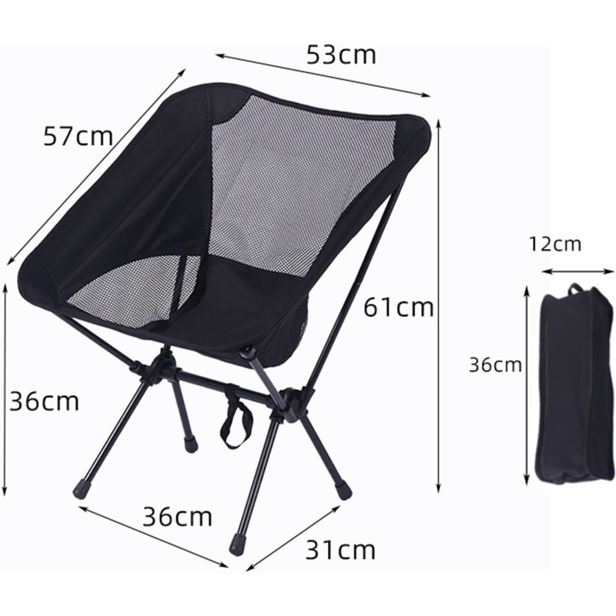 A lightweight black outdoor portable camping chair with mesh fabric, featuring a compact design for easy storage.