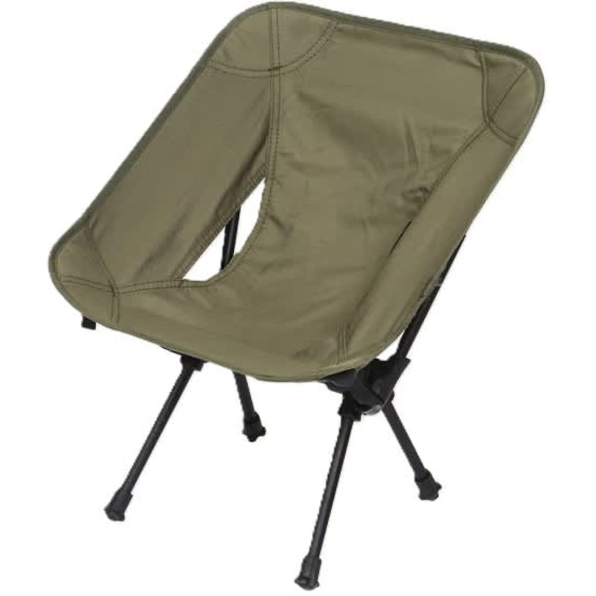 A lightweight camping chair in olive green, featuring a fabric seat and black metal legs.