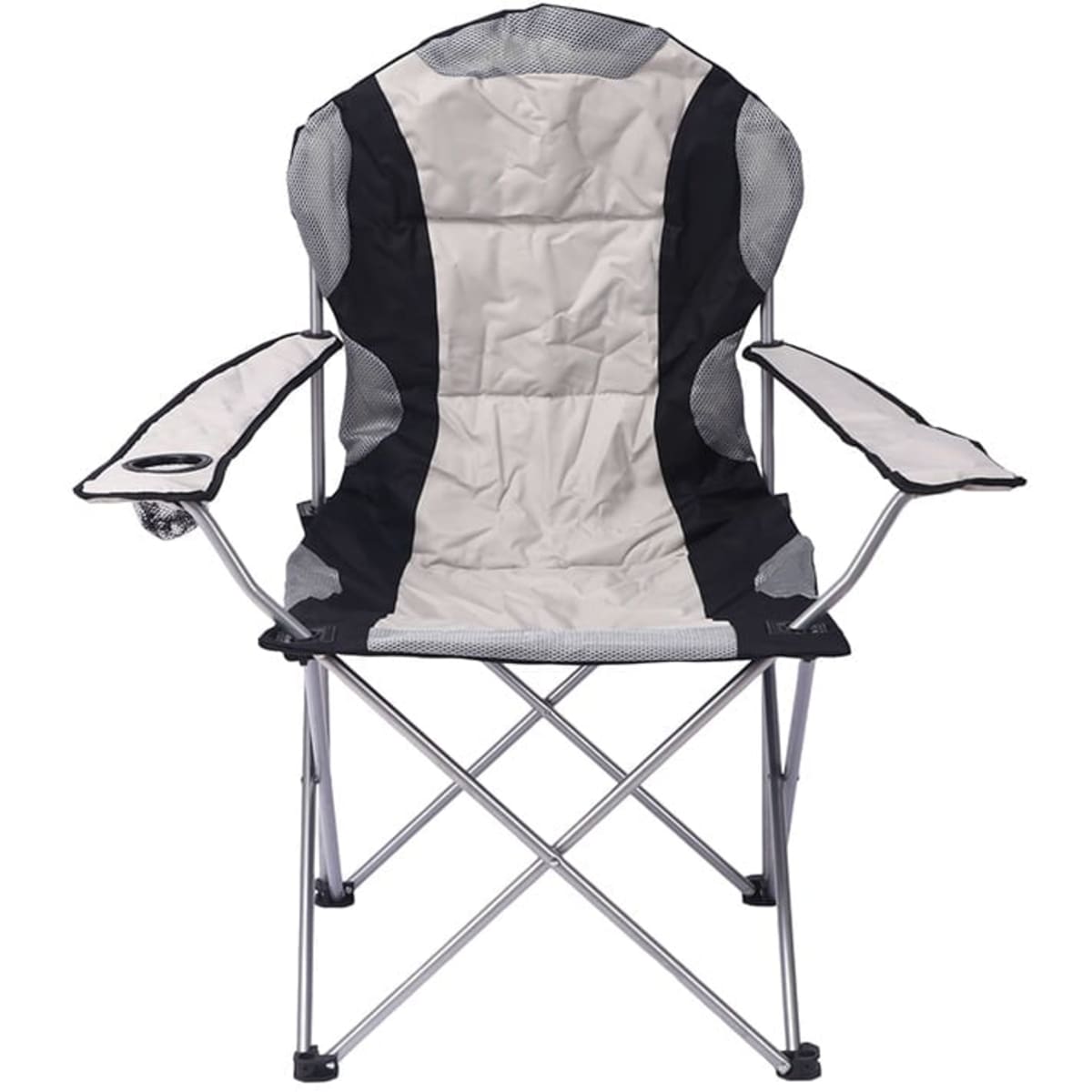 A padded fold-up lounge chair in grey and black with armrests and a logo on the side. Suitable for outdoor use.