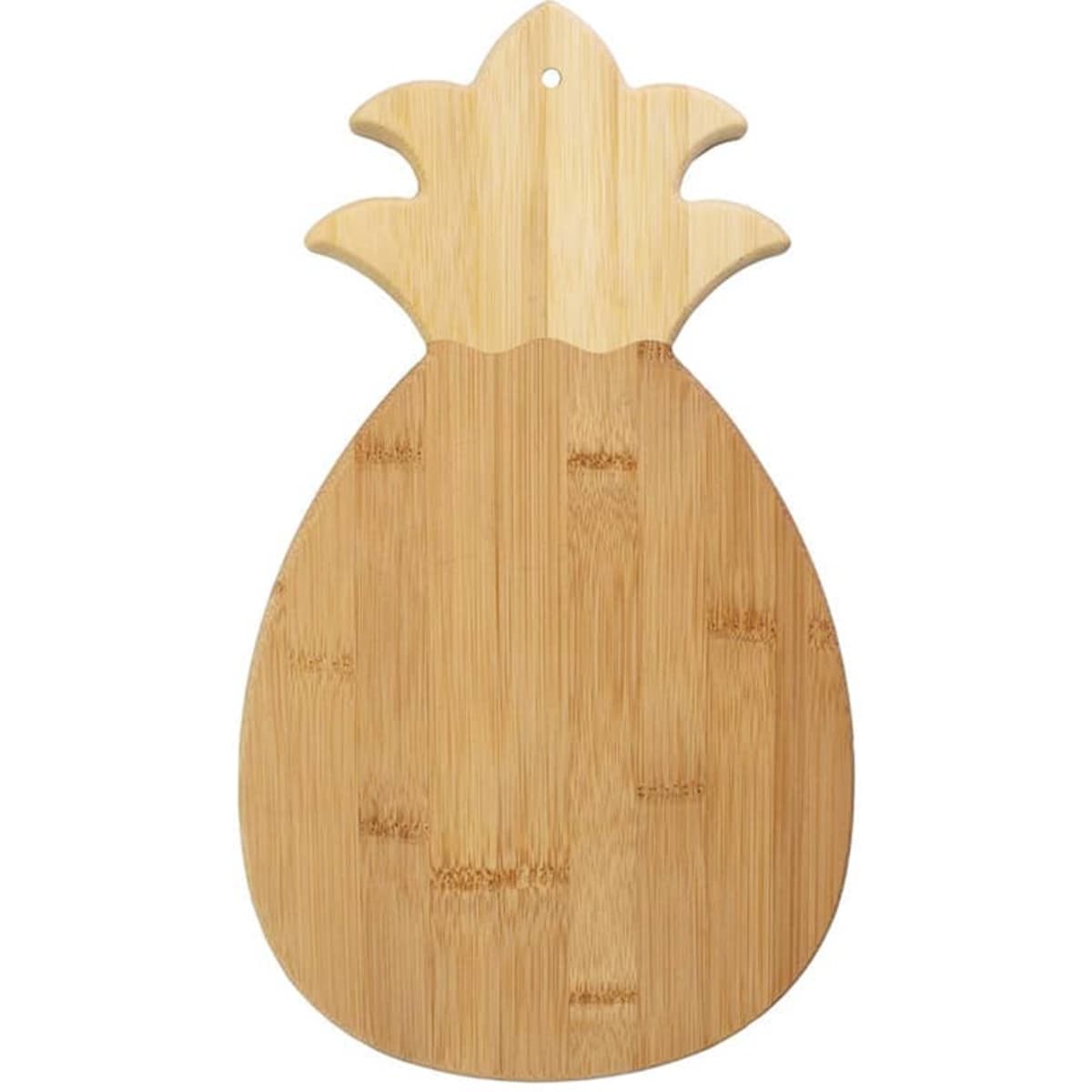 A pineapple-shaped bamboo chopping board in natural wood tones with a hanging hole at the top.