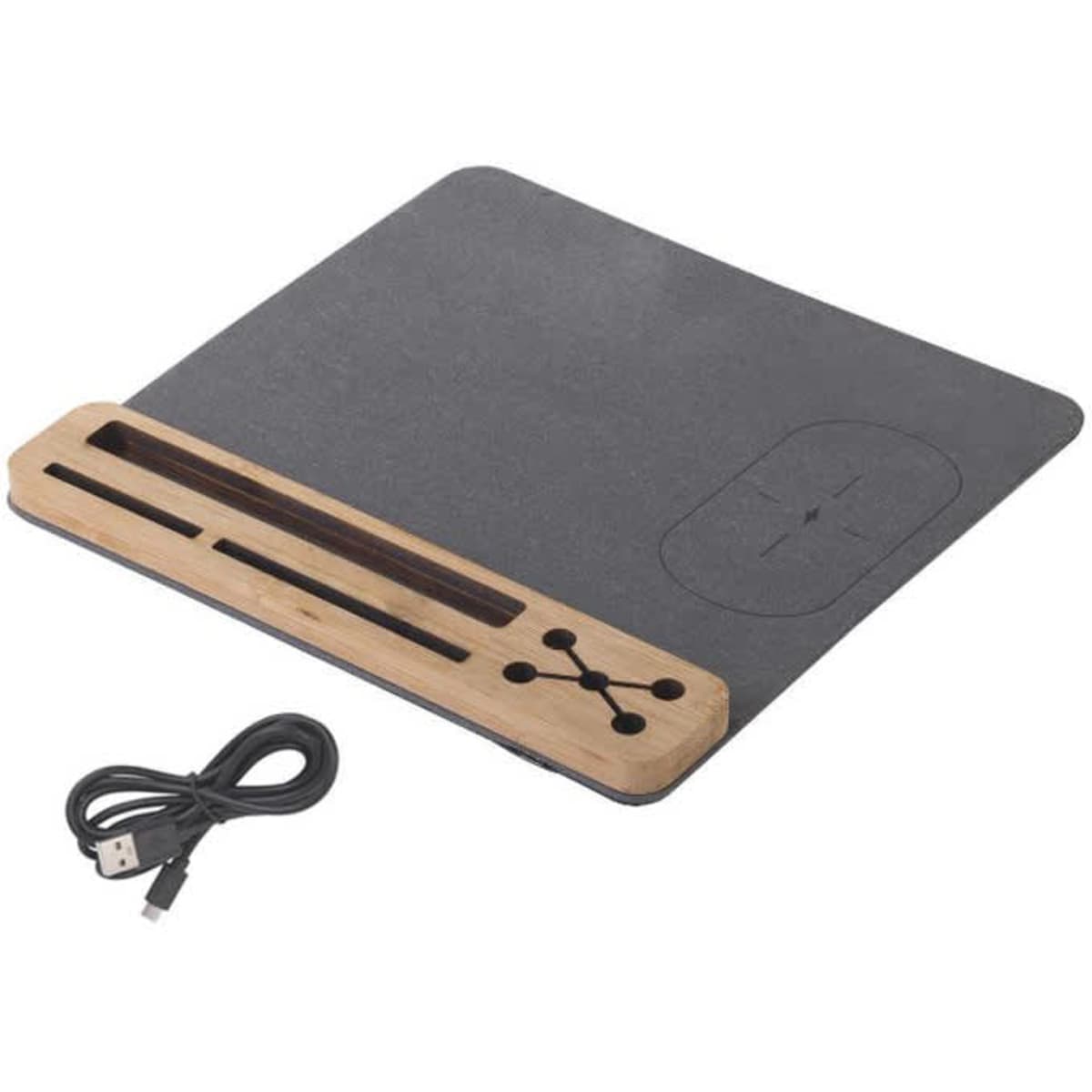 A mousepad in grey with a wooden wireless charger section and a USB cable included.