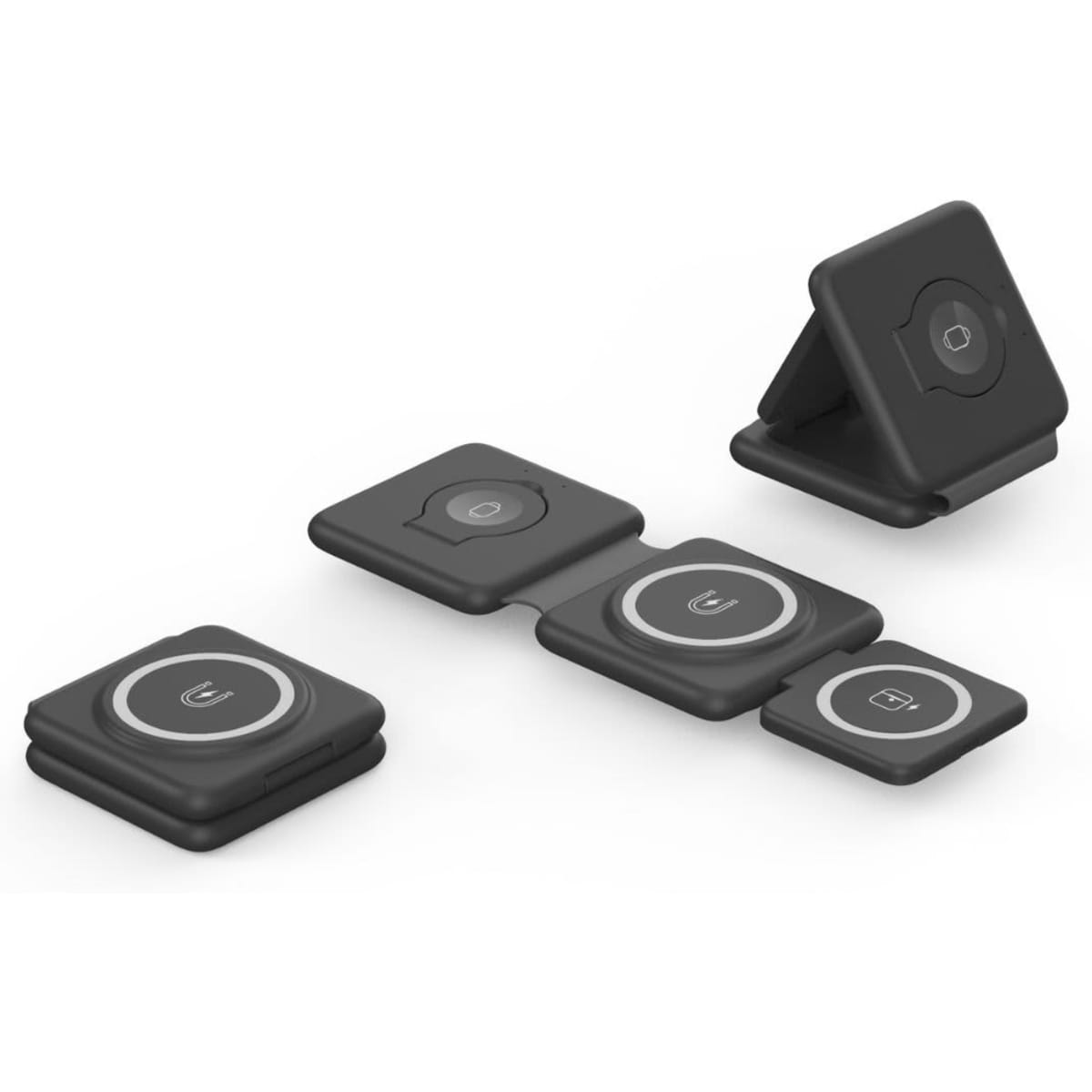 A black 3-in-1 foldable charging station with multiple modular sections, featuring a logo on one part.