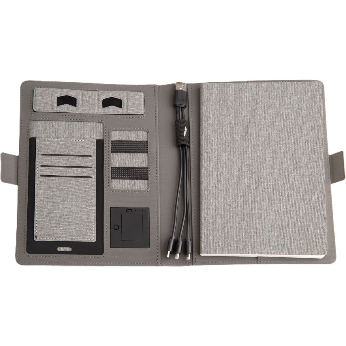 A grey wireless charging portfolio with pockets for cards and a notepad, featuring a USB cable and an interior logo.