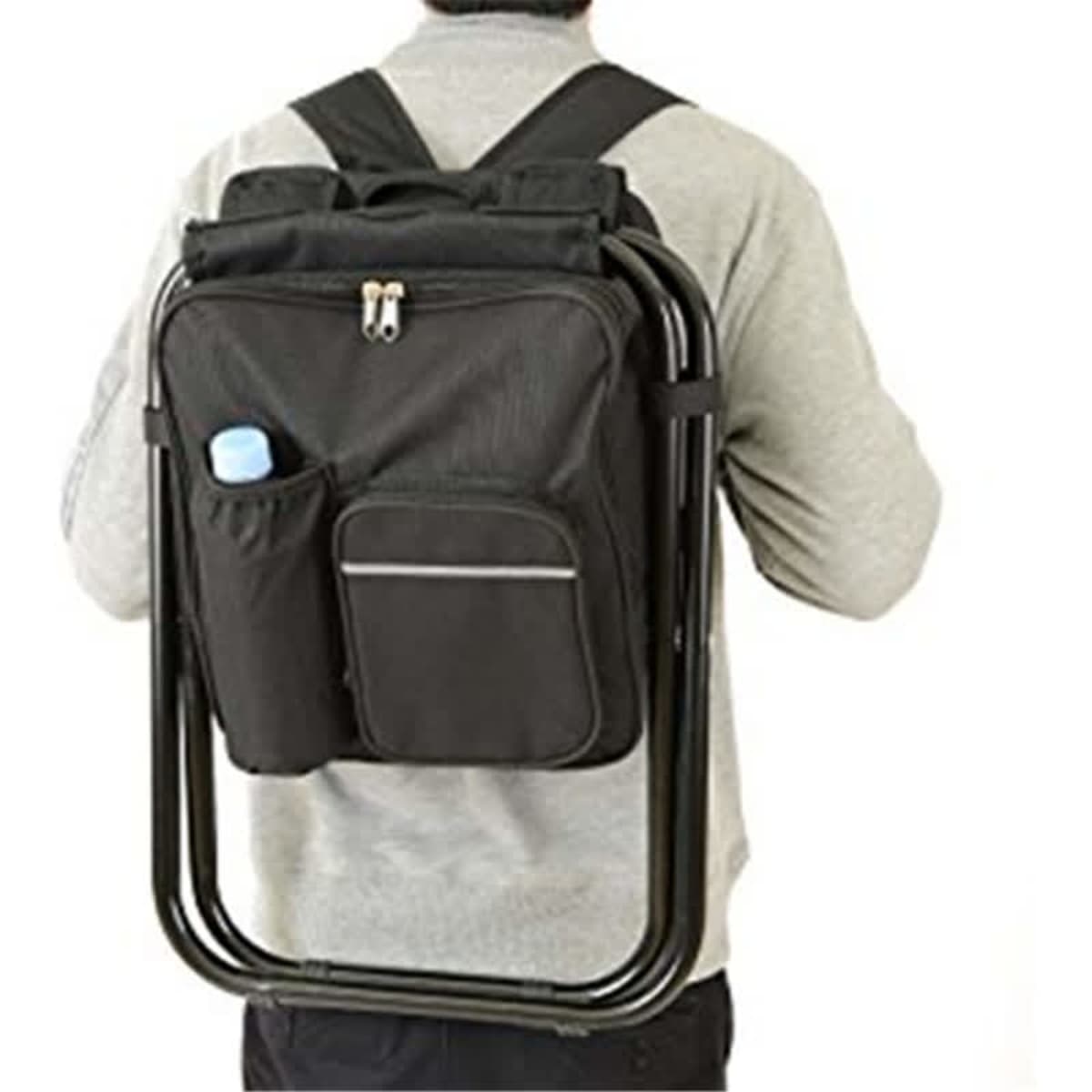 A black backpack-style chair with a drink pocket, worn on the back of a person. Features a simple design with zippers.