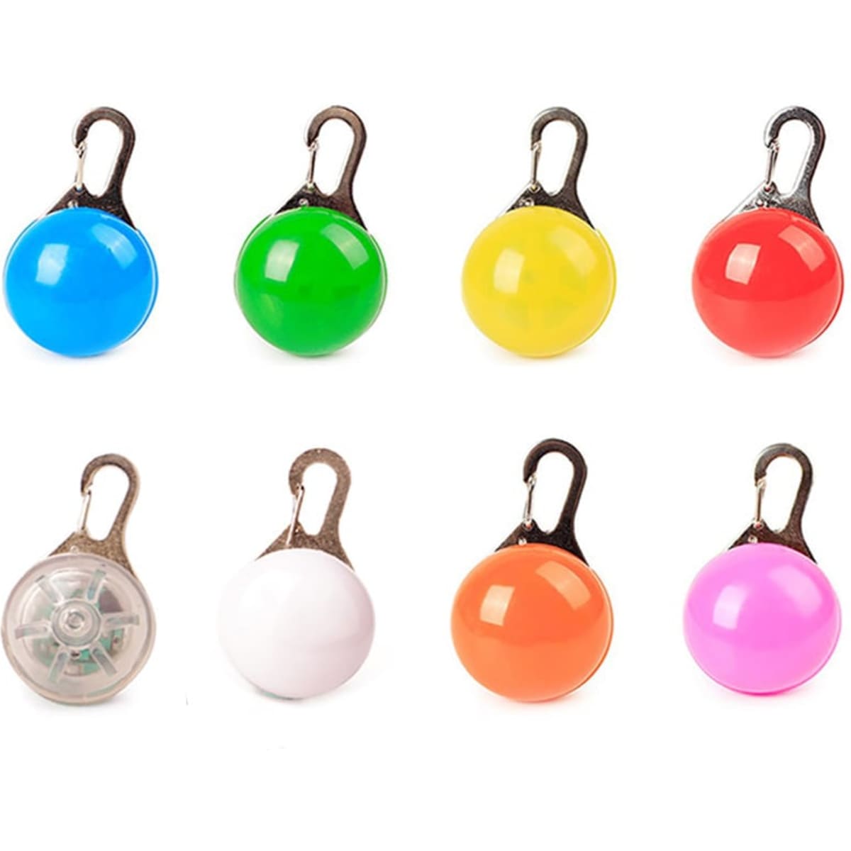 A range of clip-on LED pet safety lights in blue, green, yellow, red, white, pink, orange, and a light-up version.