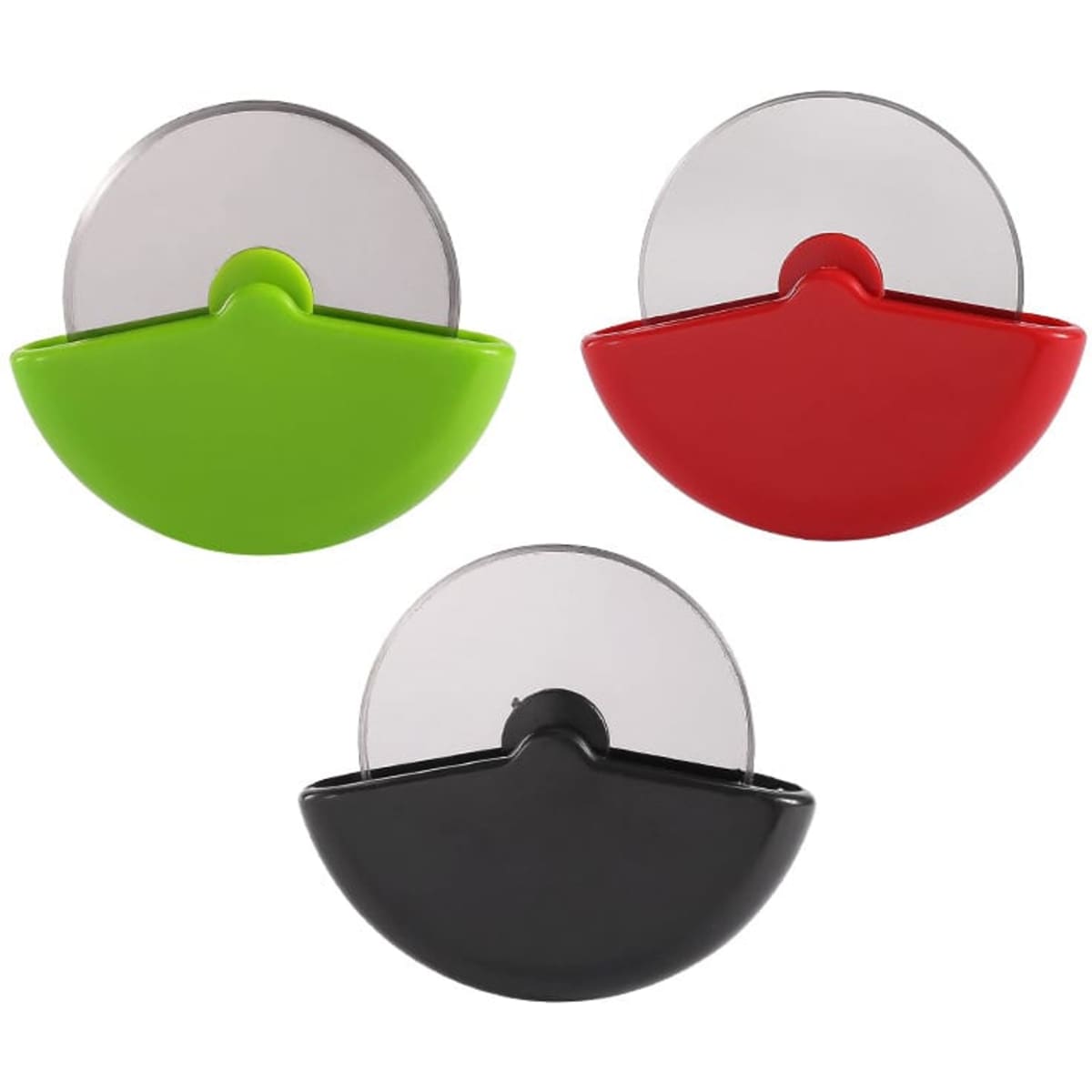A set of three stainless steel pizza cutters in green, red, and black with circular blades and a curved handle design.