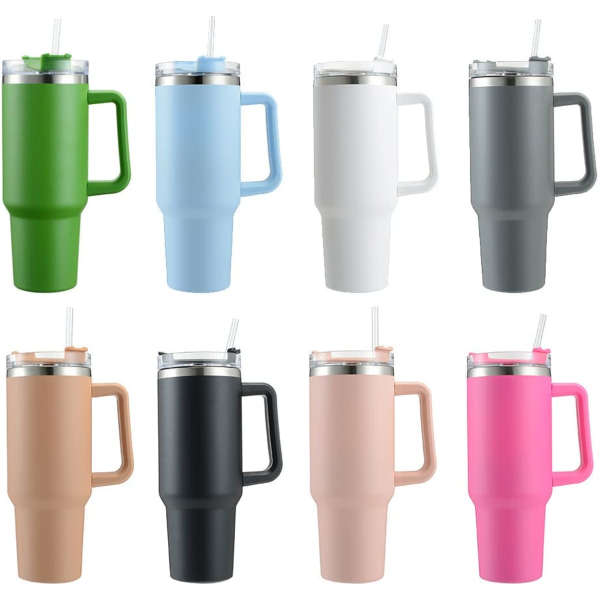 A drink bottle featuring a variety of colours, including green, blue, white, grey, peach, black, pink, and tan, with a straw and lid.
