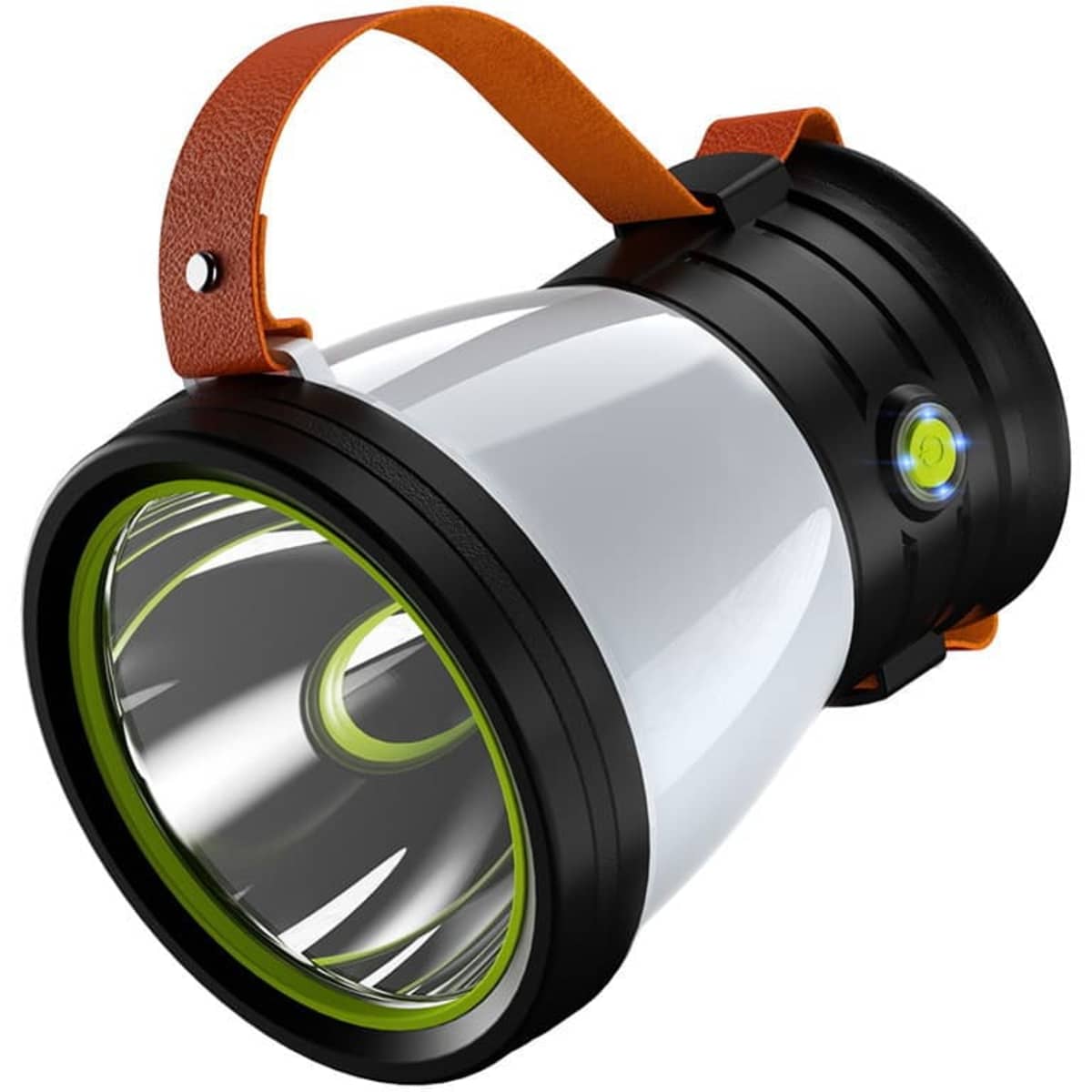 A 2-in-1 lantern in black and white features a green accent and an orange strap. It includes a built-in light.