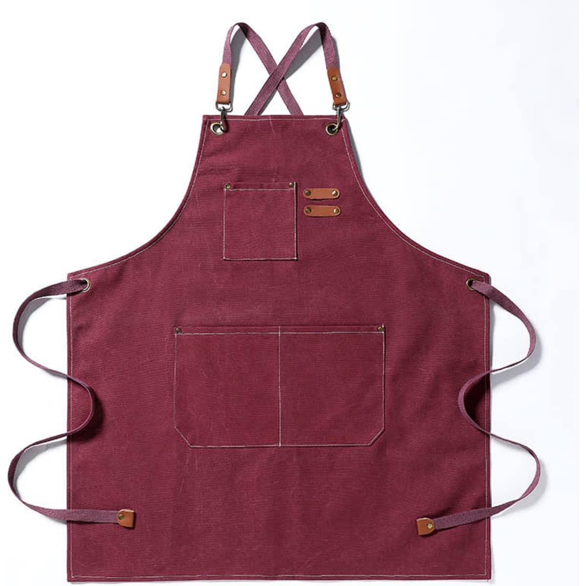 A maroon canvas apron featuring straps, pockets, and a logo.