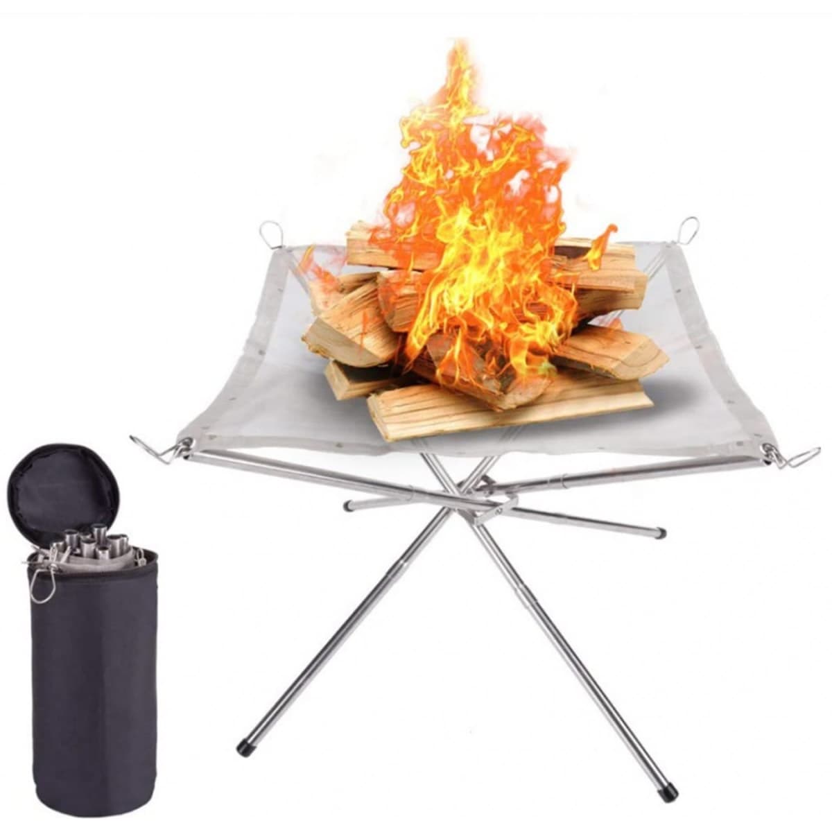 A portable fire pit with a silver frame, wood logs on top, and flames, alongside a black carrying case.