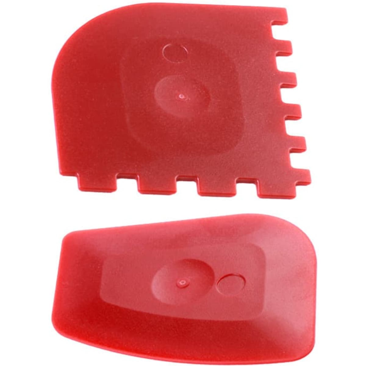 Two red grill pan scrapers featuring smooth and serrated edges, designed for cleaning and maintenance.