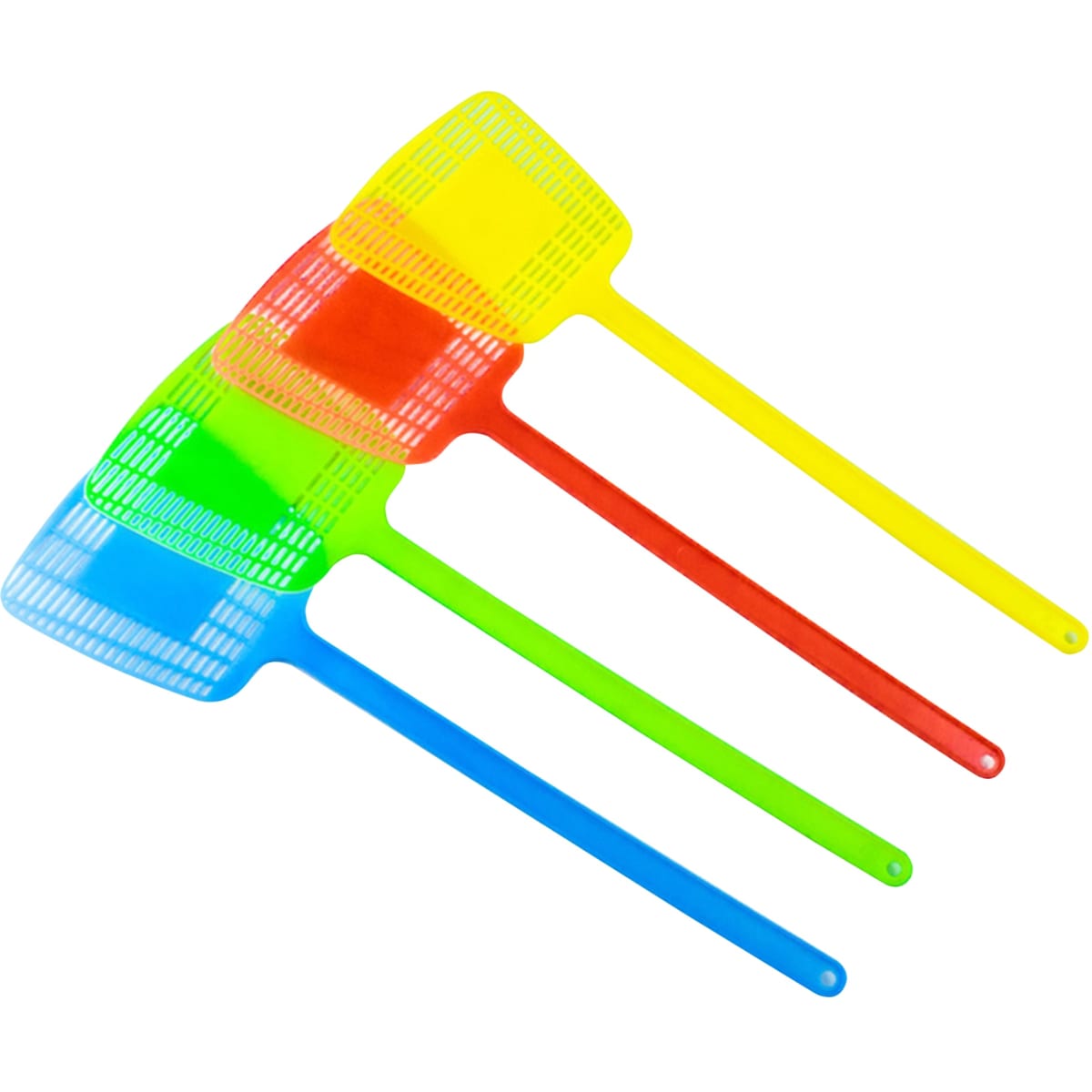 A set of colourful fly swatters in green, yellow, red, and blue, featuring a striped design and long handles.