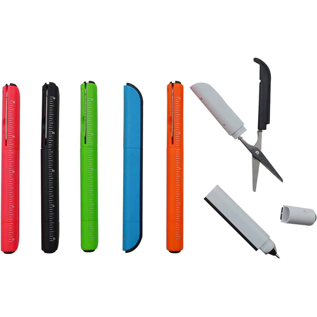 A collection of multi-tools in various colours including pink, black, green, blue, orange, and white, with scissors and a pen.