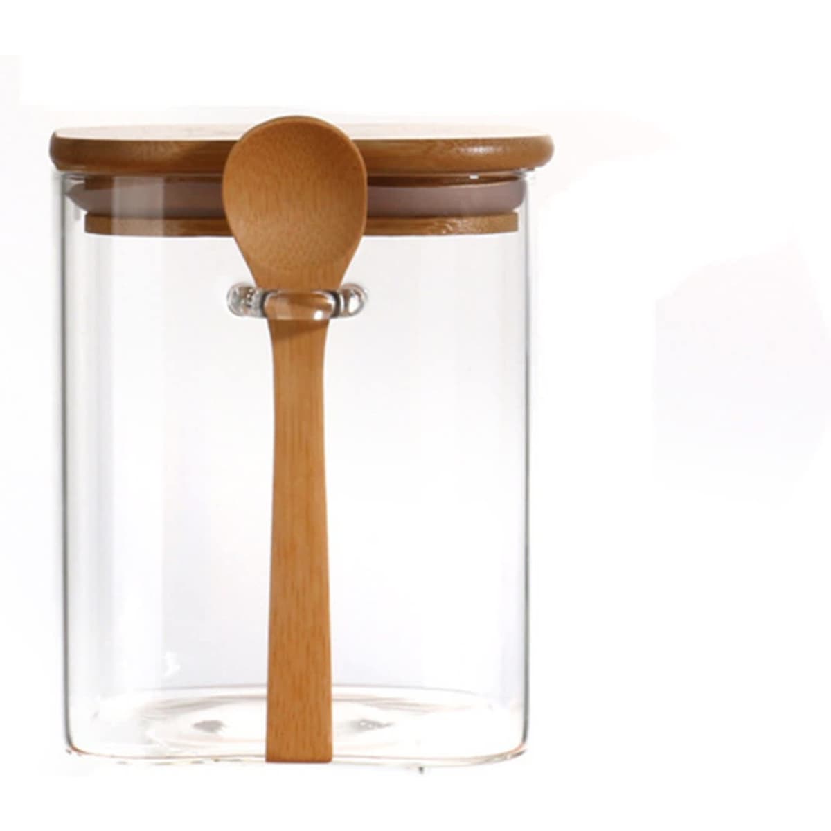 A glass storage container with a bamboo lid and a wooden spoon, featuring a clear body and natural wood accents.