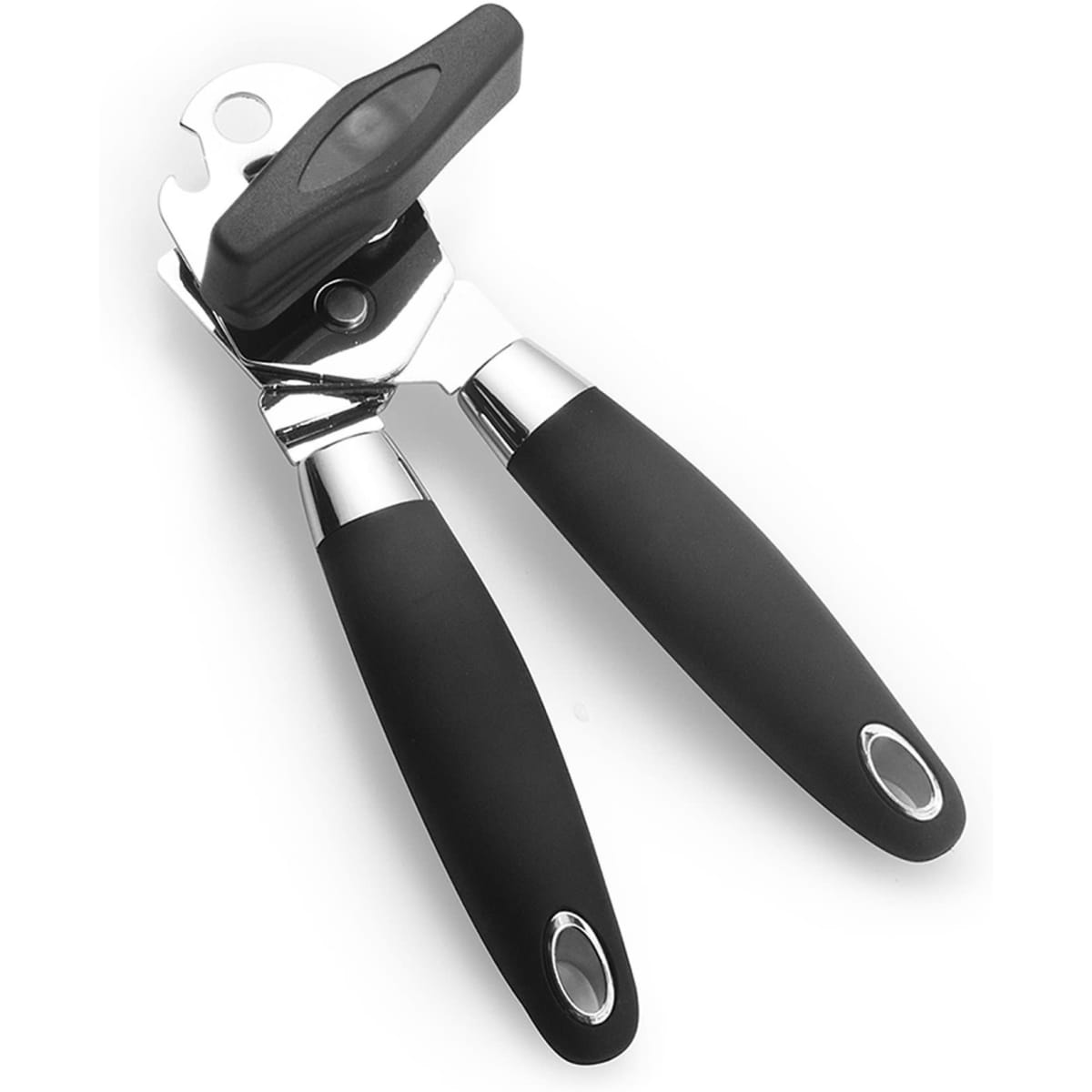 A manual can opener with black rubber handles and a shiny metal body, featuring a simple design and a logo.