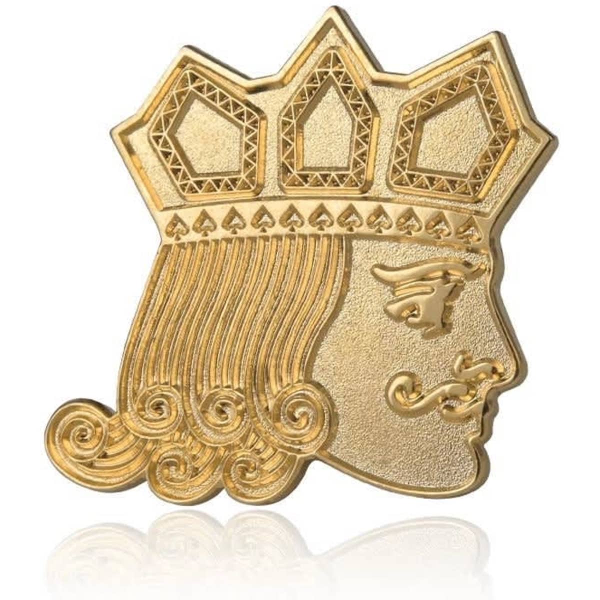 A gold sandblasted die struck lapel pin featuring a queen's profile with a crown design.