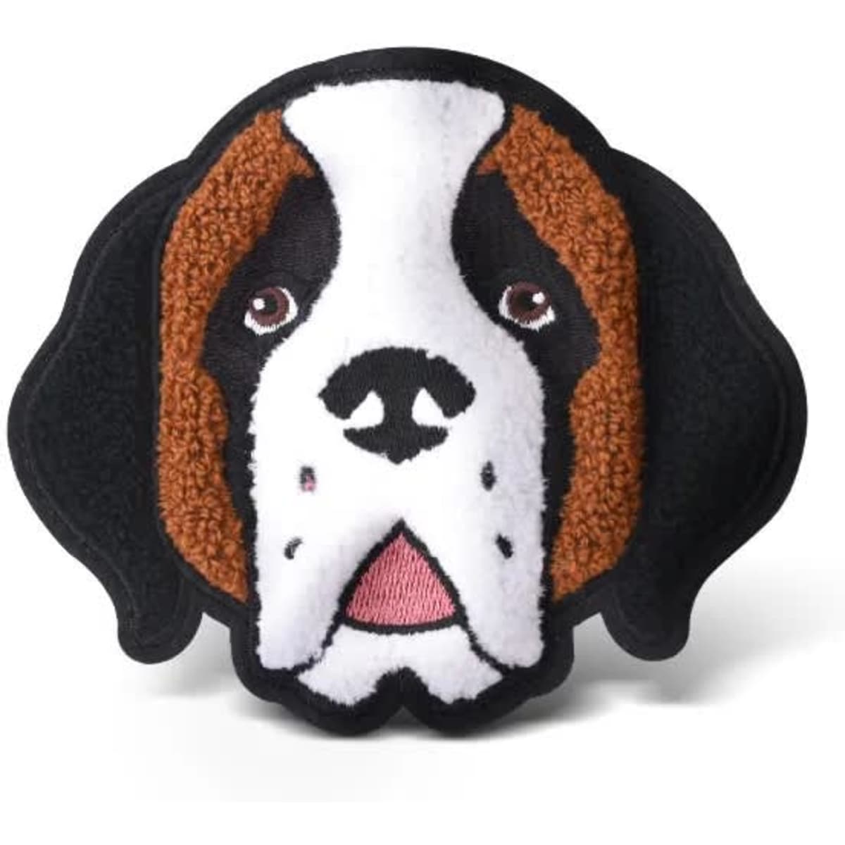 A brown and black dog face chenille patch with textured detailing and a black background. It features a branding logo.