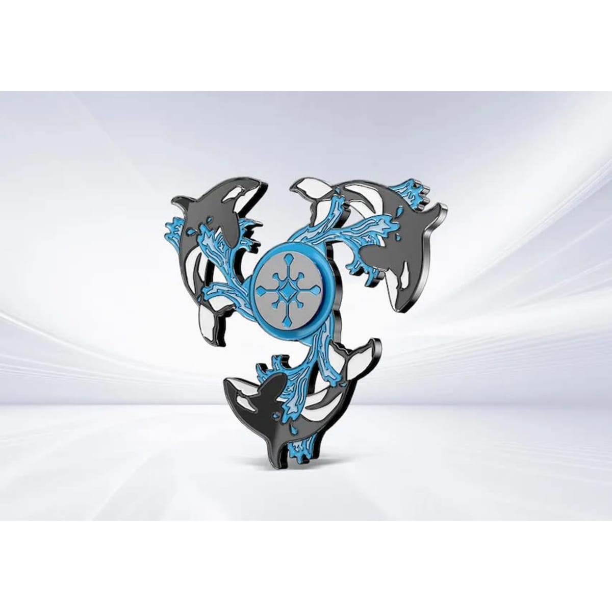 A detailed fidget spinner featuring a design with blue accents and a silver finish, set against a light background.