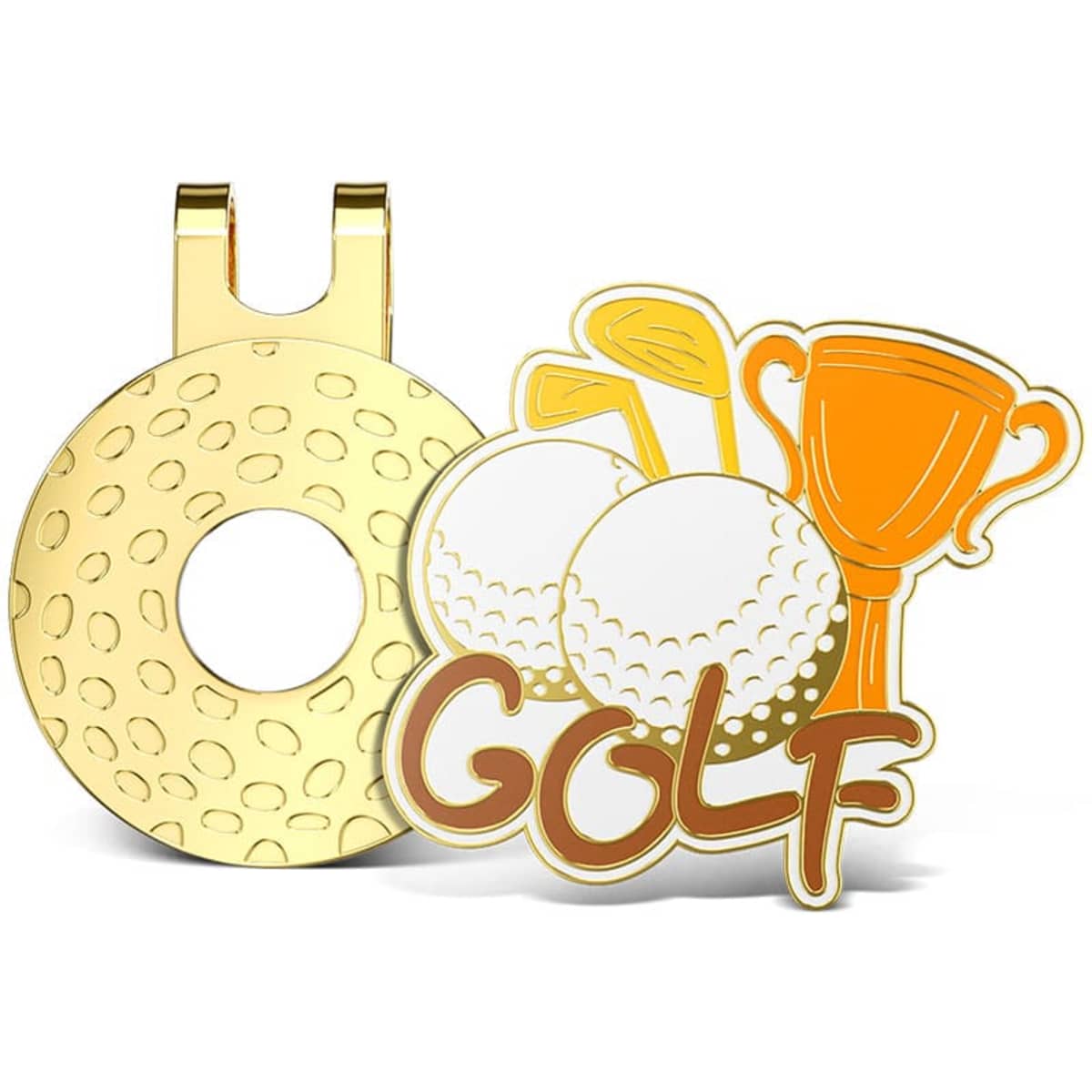 A gold hard enamel golf hat clip featuring a golf ball and trophy design with the word "GOLF" in brown and orange.