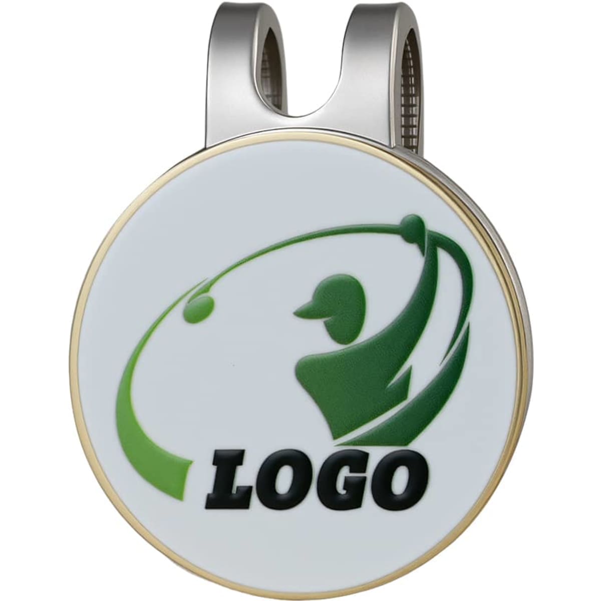A golf hat clip featuring a circular design with a metallic finish and a logo, predominantly in green and white.