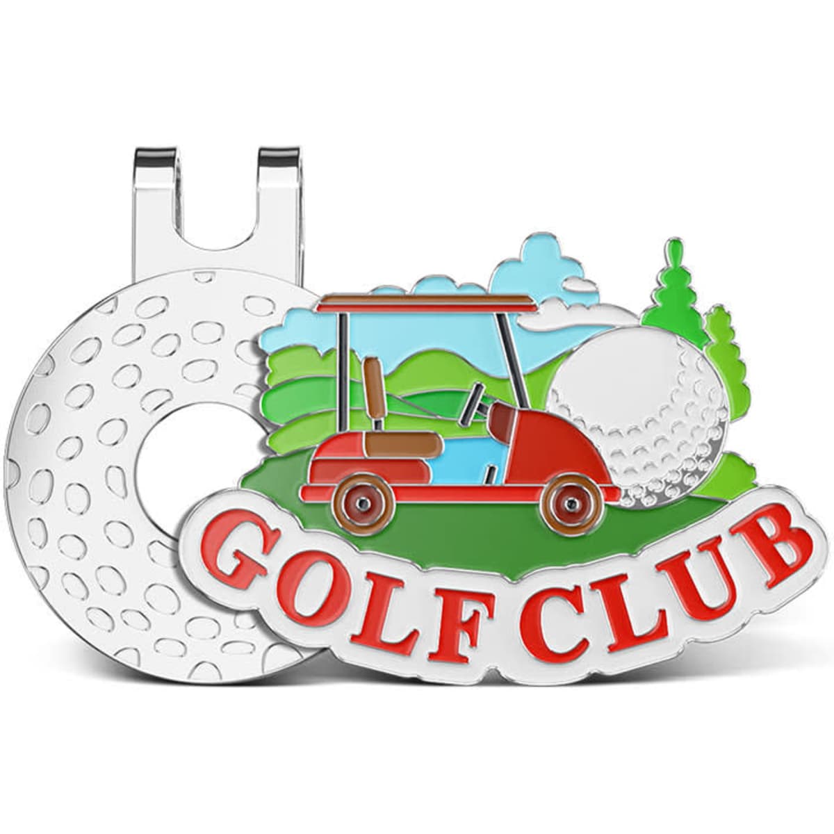 A soft enamel golf hat clip featuring a red golf cart, a golf ball, and green landscape designs. It has a logo.