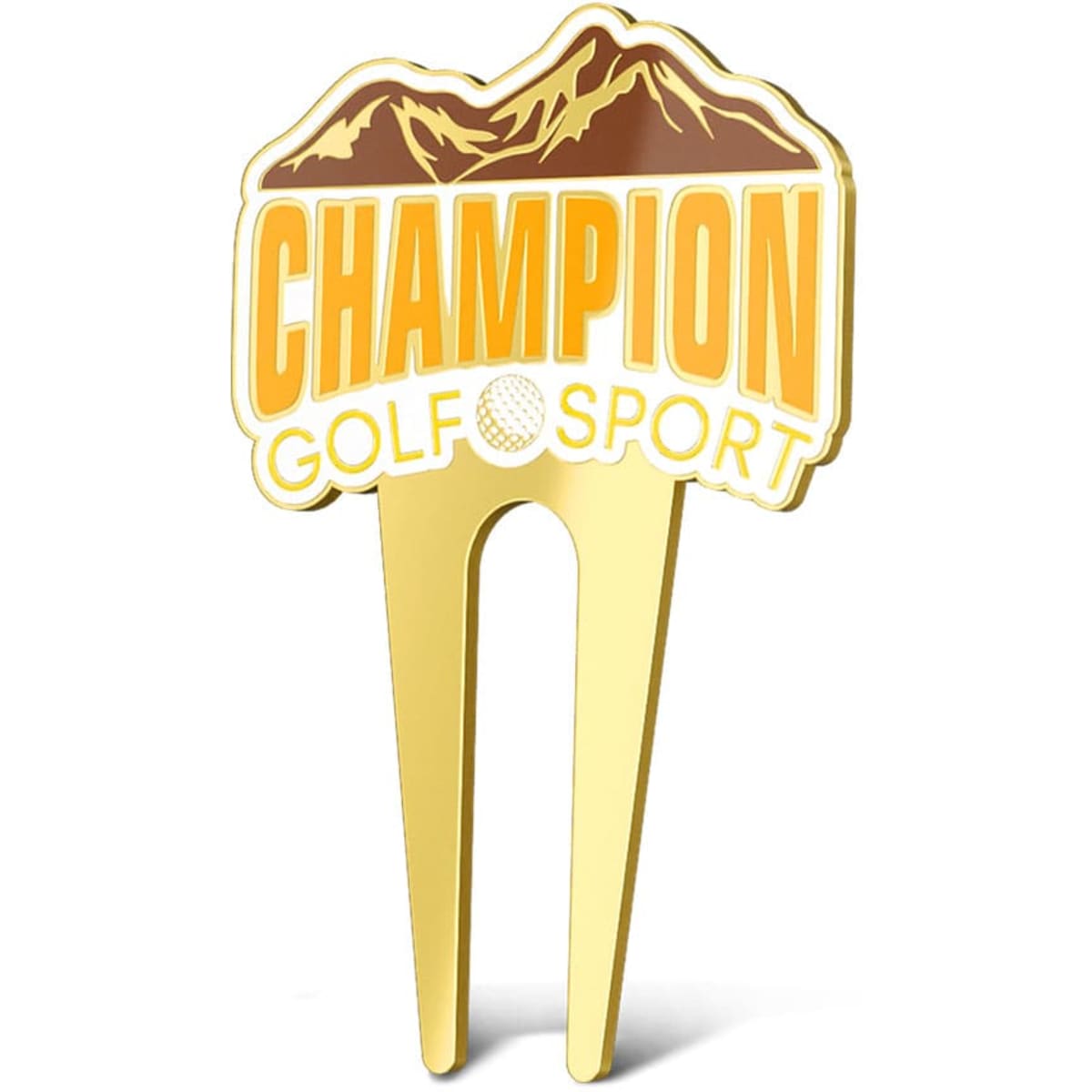 A gold hard enamel golf divot tool featuring a mountain design and a logo.