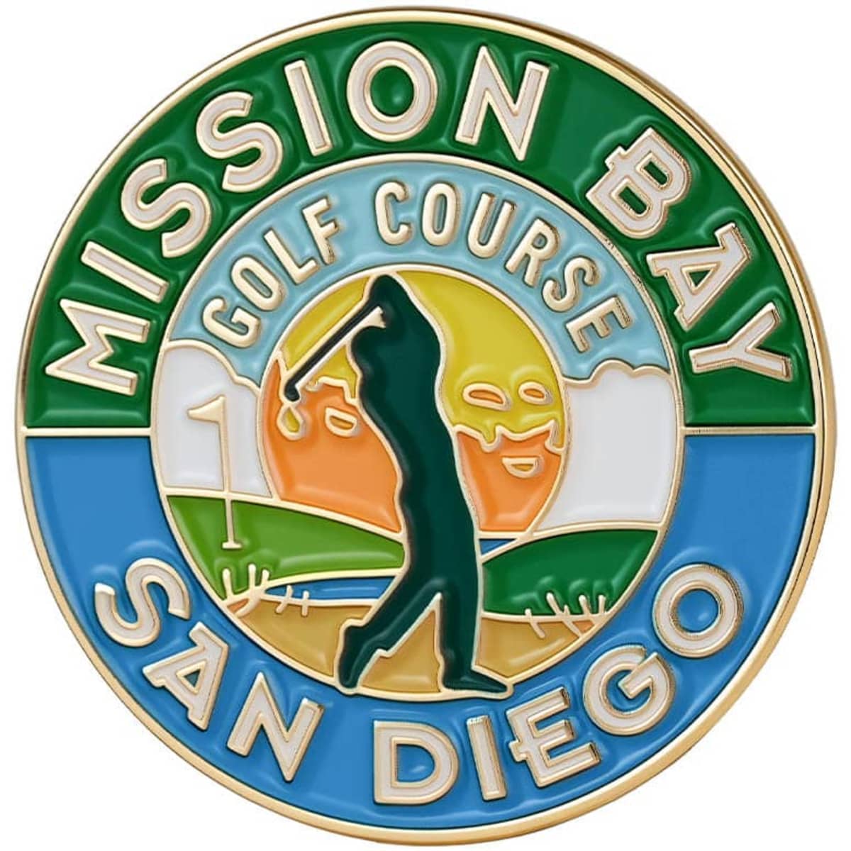 A round soft enamel golf ball marker in green, blue, yellow, and orange featuring a golfer and a scenic design.