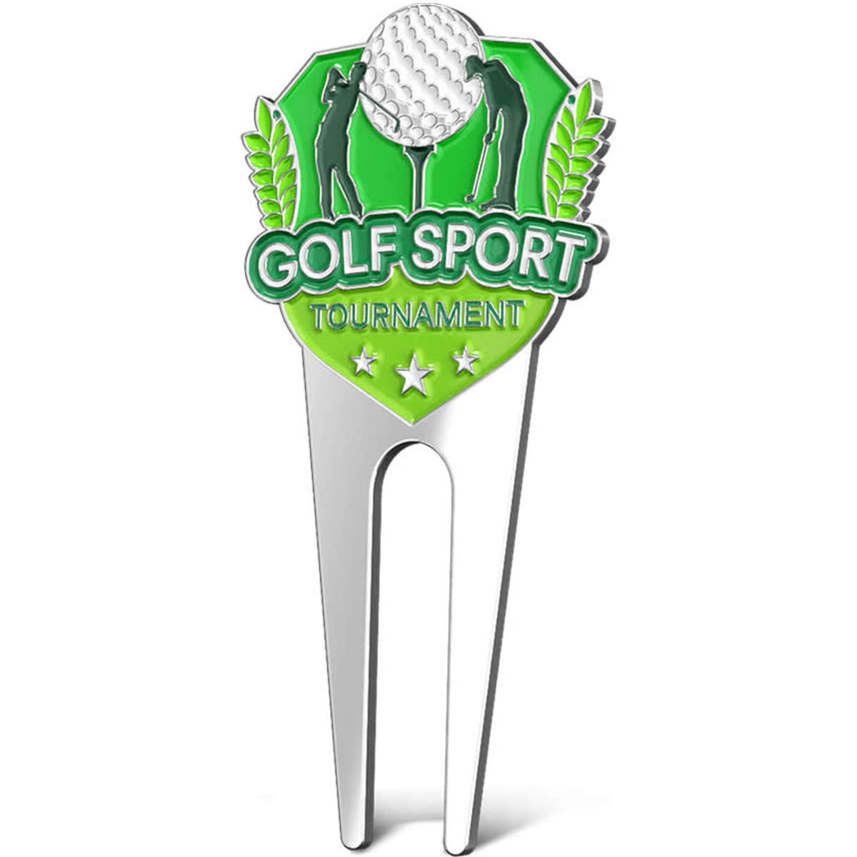 A silver golf divot tool with a green graphic featuring golfers and a golf ball, including a logo.