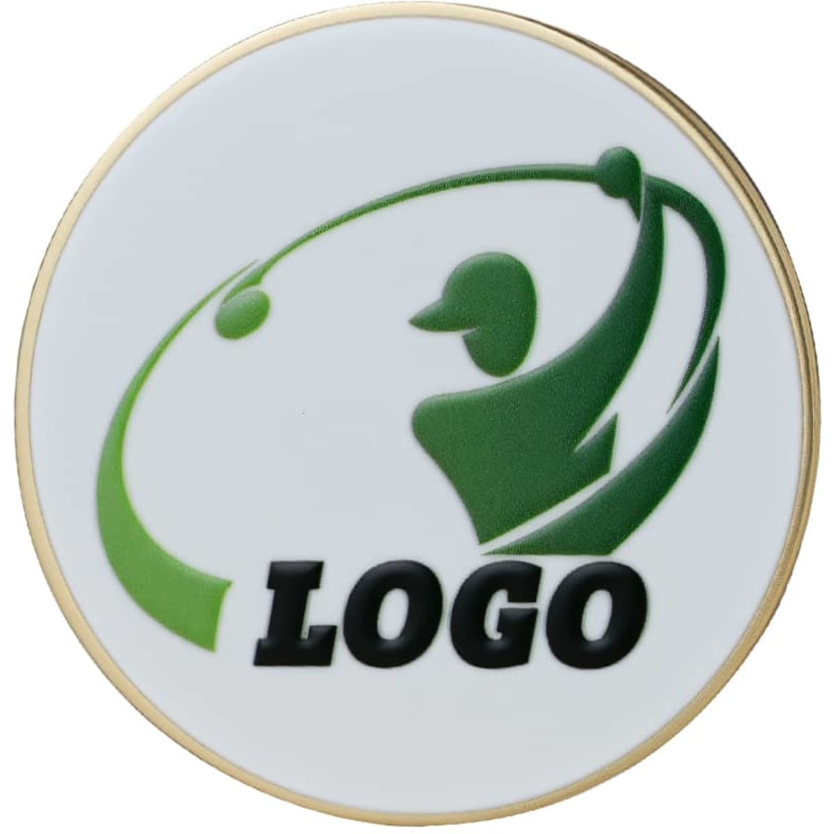 A round ball marker featuring a green and white design with a logo and a gold border.