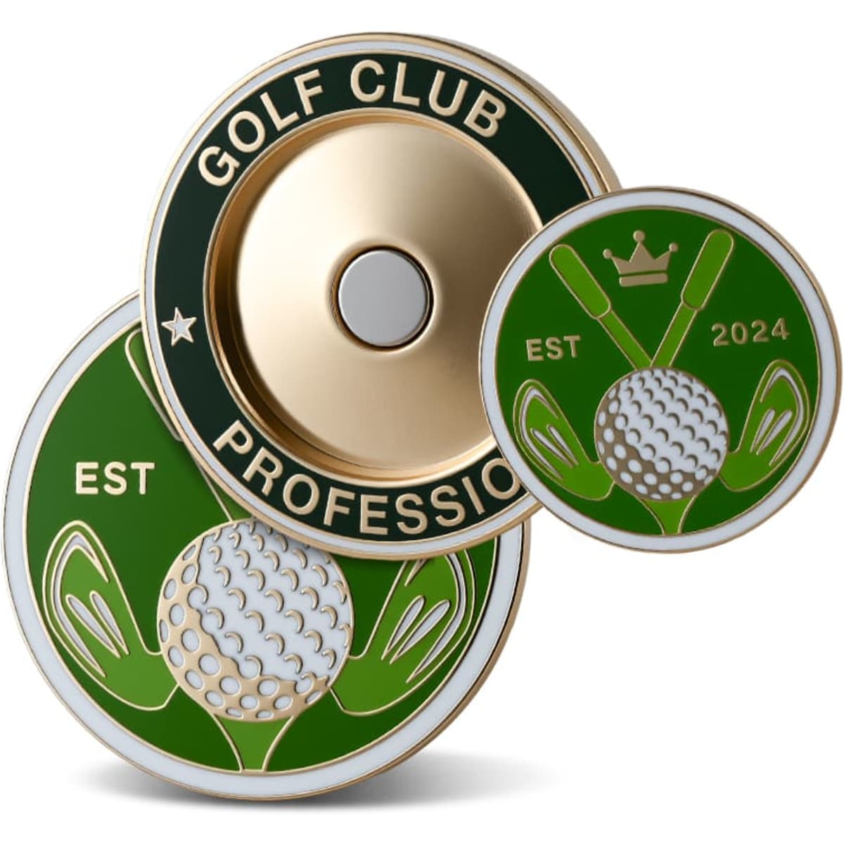 A set of three hard enamel ball markers in green and gold, featuring golf-themed designs and a logo.
