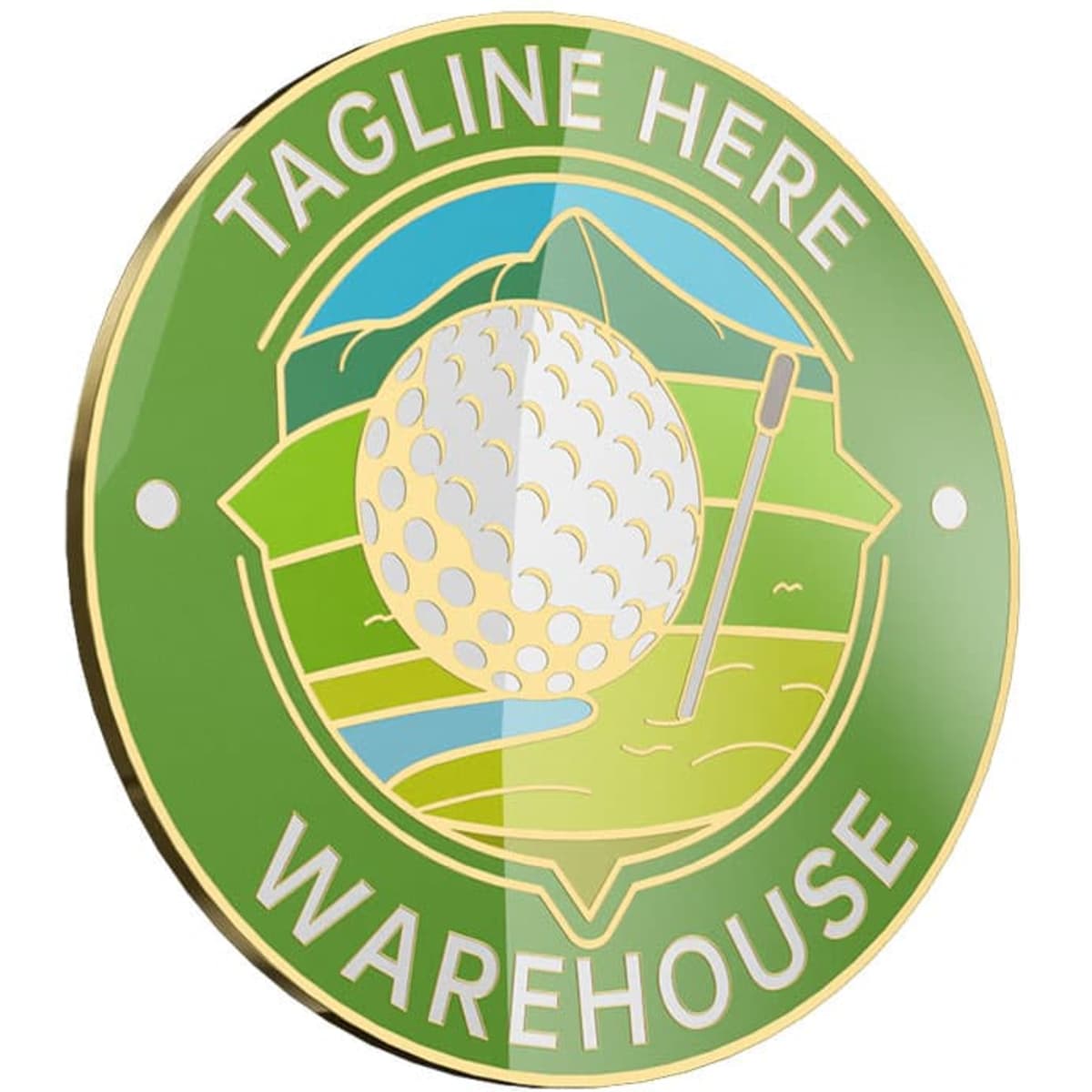 A green hard enamel ball marker featuring a golf ball and landscape design, with a logo present.