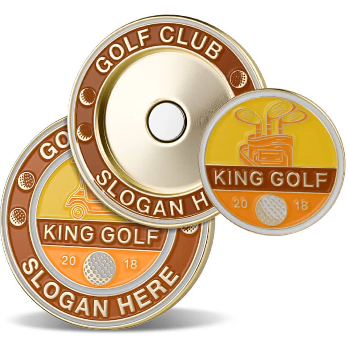 Three circular soft enamel magnetic ball markers in gold, orange, and brown featuring golf-themed designs and a logo.