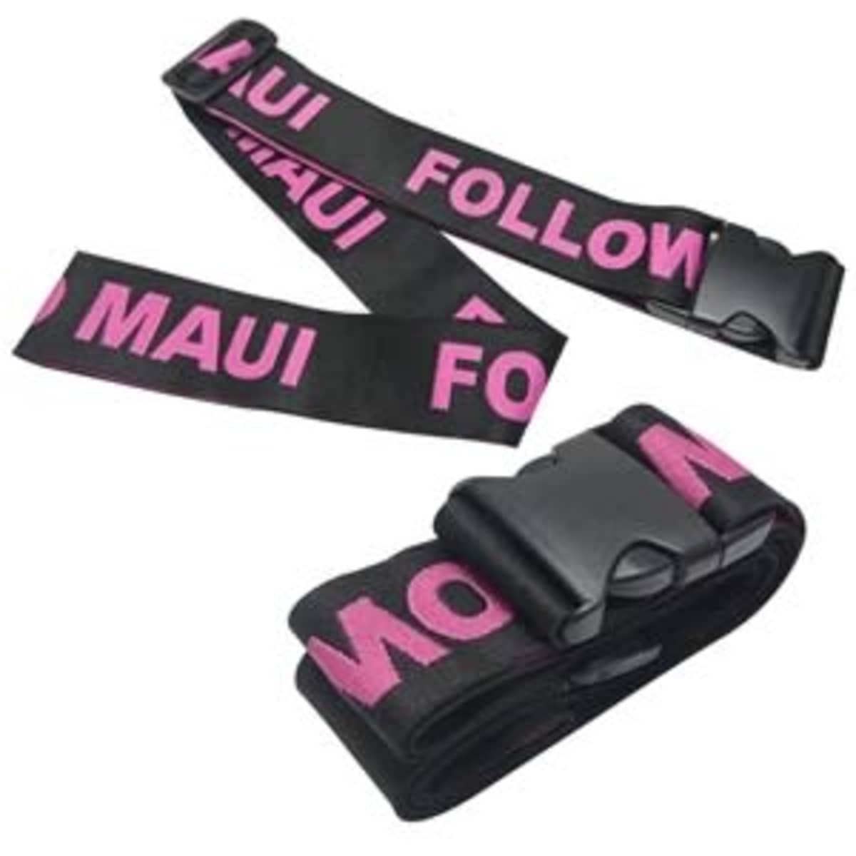 A luggage strap in black with pink text and a plastic buckle, featuring a logo.