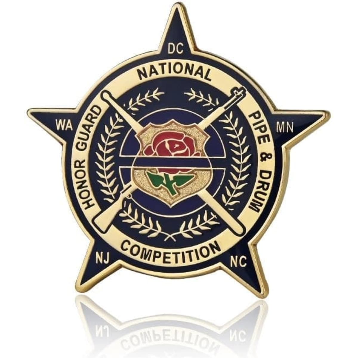 A hard enamel coin in the shape of a star featuring blue, gold, and red colours, with a logo and intricate designs.